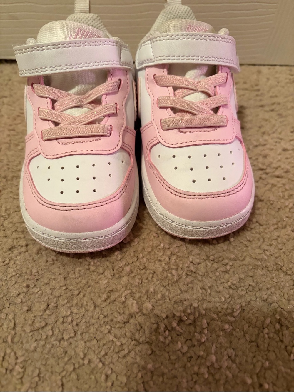Nike Kids court borough low White and Pink Velcro Athletic Sneakers